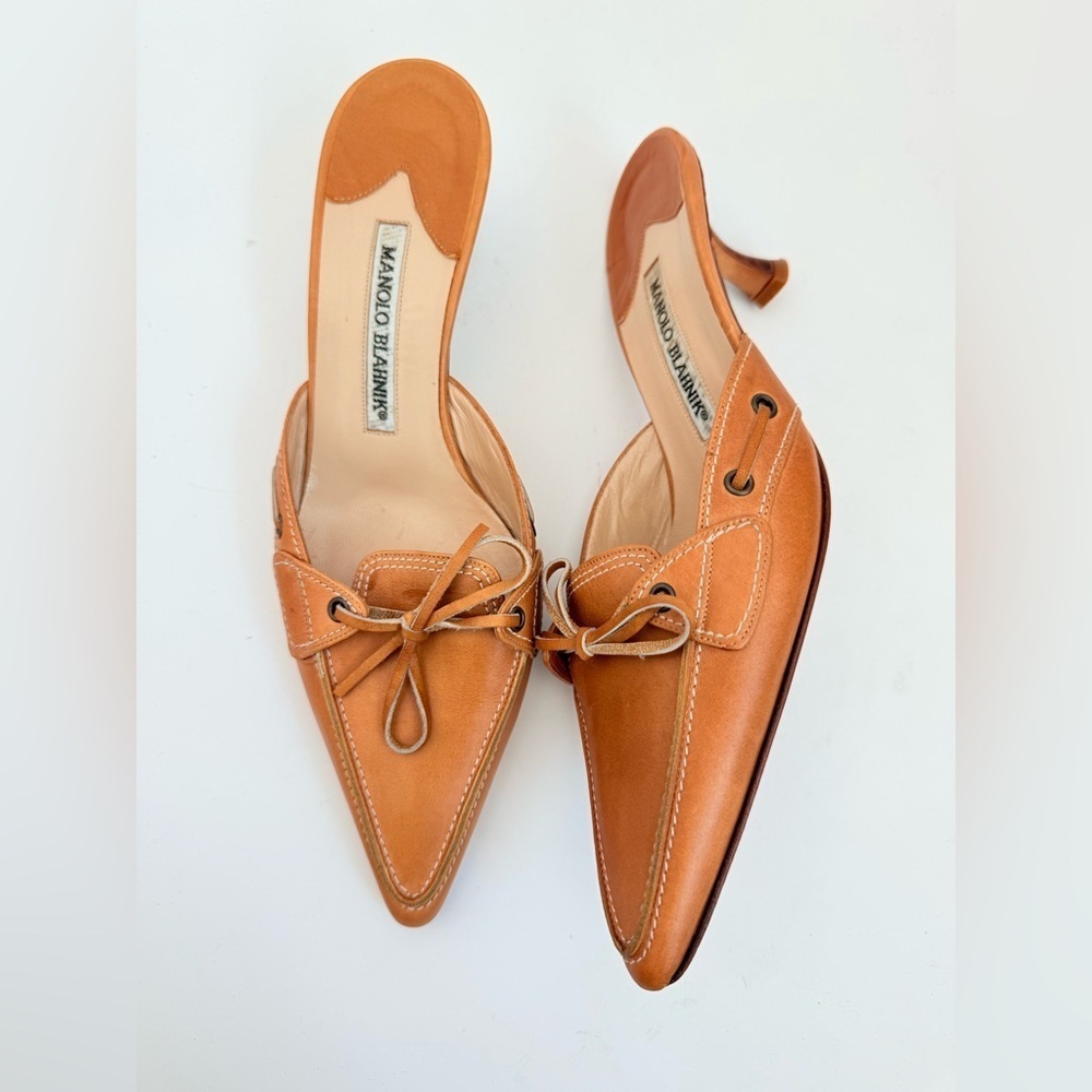 Manolo Blahnik Vintage Brown Leather Bow Lace Up Kitten Heel Mule pumps EU 38 - Picture 1 of 8